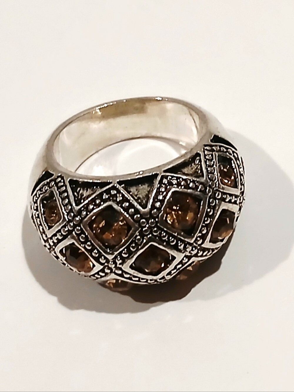 Silvertone Costume Jewelry Ring with Amber Gem Accents